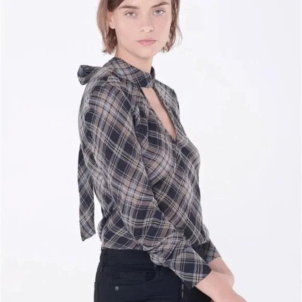 VERONICA BEARD Wade Metallic Plaid Tie-Neck Top Blouse size 6 Preppy Career